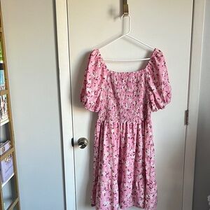 Pink Floral Women’s Dress with Puff Sleeves
